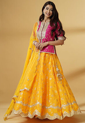 Foil Printed Dupion Silk Lehenga in Yellow