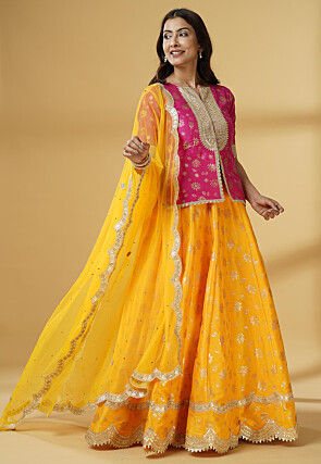 Foil Printed Dupion Silk Lehenga in Yellow