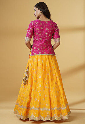 Foil Printed Dupion Silk Lehenga in Yellow