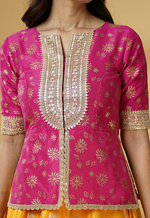 Foil Printed Dupion Silk Lehenga in Yellow