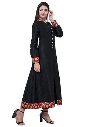 Foil Printed Dupion Silk Long Kurta in Black
