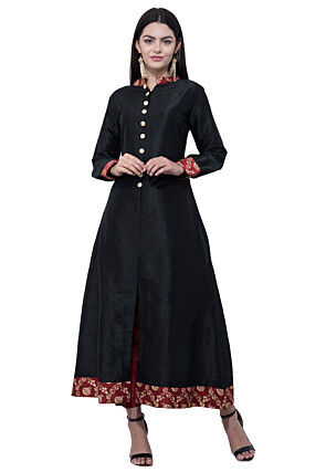 Foil Printed Dupion Silk Long Kurta Set in Black