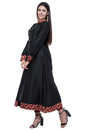 Foil Printed Dupion Silk Long Kurta Set in Black