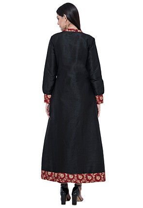 Foil Printed Dupion Silk Long Kurta Set in Black