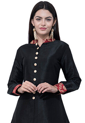 Foil Printed Dupion Silk Long Kurta Set in Black