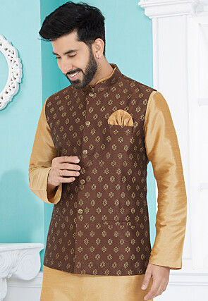 Foil Printed Dupion Silk Nehru Jacket in Dark Brown