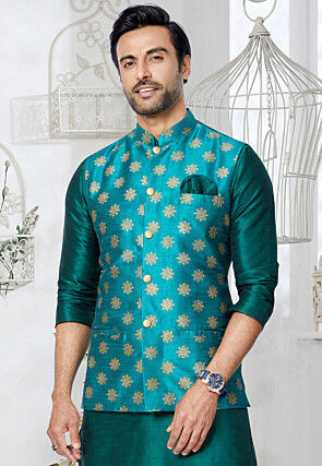 Foil Printed Dupion Silk Nehru Jacket in Teal Blue