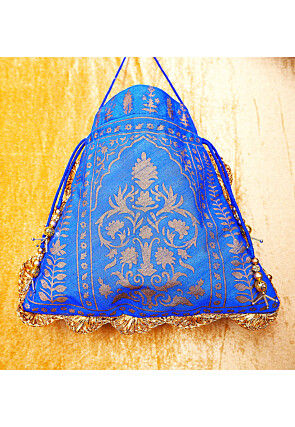 Foil Printed Dupion Silk Potli Bag in Royal Blue