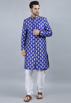 Foil Printed Dupion Silk Sherwani in Royal Blue