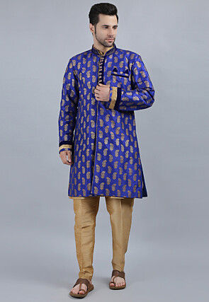 Foil Printed Dupion Silk Sherwani in Royal Blue