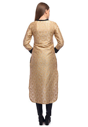 Foil Printed Dupion Silk Straight Kurta in Beige