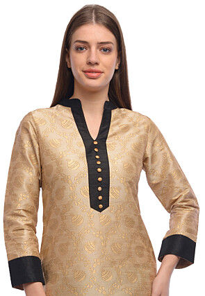 Foil Printed Dupion Silk Straight Kurta in Beige