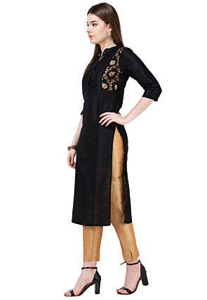 Foil Printed Dupion Silk Straight Kurta in Black