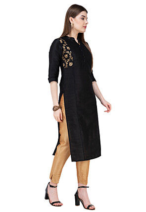 Foil Printed Dupion Silk Straight Kurta in Black