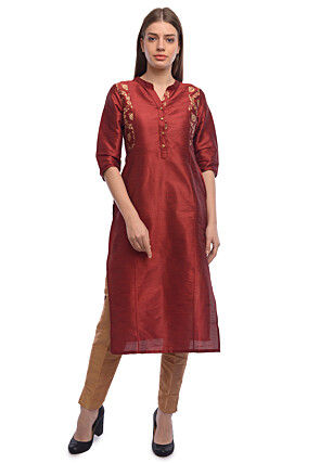 Foil Printed Dupion Silk Straight Kurta in Maroon