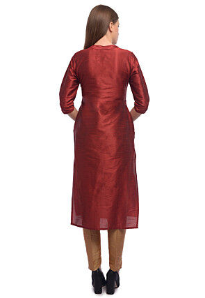 Foil Printed Dupion Silk Straight Kurta in Maroon