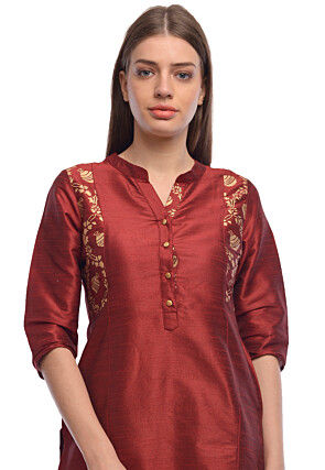 Foil Printed Dupion Silk Straight Kurta in Maroon