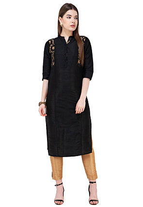 Foil Printed Dupion Silk Straight Kurta Set in Black