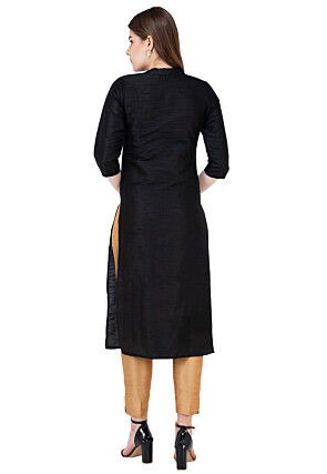 Foil Printed Dupion Silk Straight Kurta Set in Black