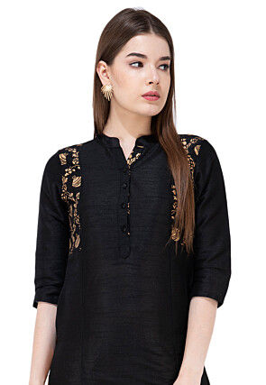Foil Printed Dupion Silk Straight Kurta Set in Black