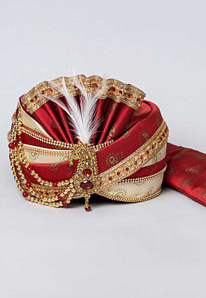 Foil Printed Dupion Silk Turban in Maroon and Off White