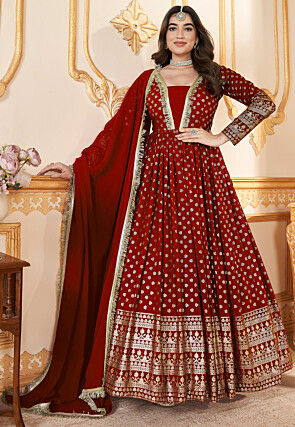 Foil Printed Georgette Abaya Style Suit in Red