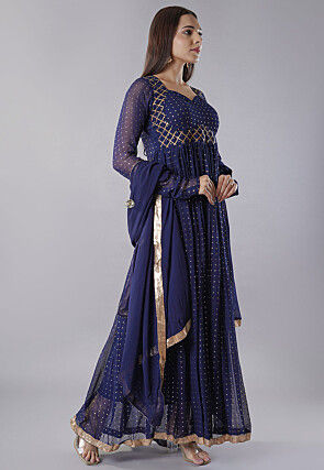 Foil Printed Georgette Abaya Style Suit in Navy Blue