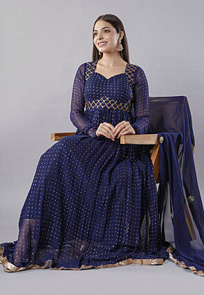 Foil Printed Georgette Abaya Style Suit in Navy Blue