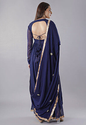 Foil Printed Georgette Abaya Style Suit in Navy Blue