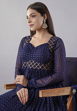 Foil Printed Georgette Abaya Style Suit in Navy Blue