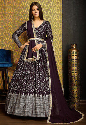 Foil Printed Georgette Abaya Style Suit in Wine