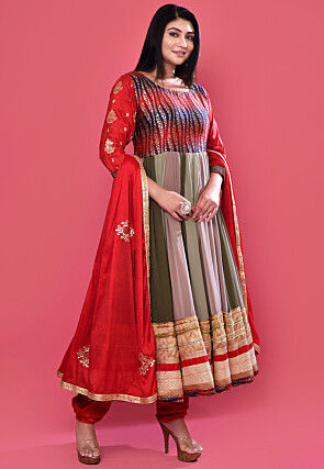 Foil Printed Georgette Anarkali Suit in Multicolor