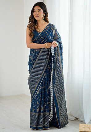 Foil Printed Georgette Brasso Saree in Dark Teal Blue