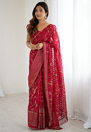 Foil Printed Georgette Brasso Saree in Fuchsia