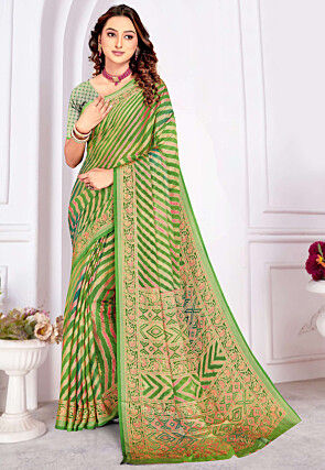 Foil Printed Georgette Brasso Saree in Green Ombre