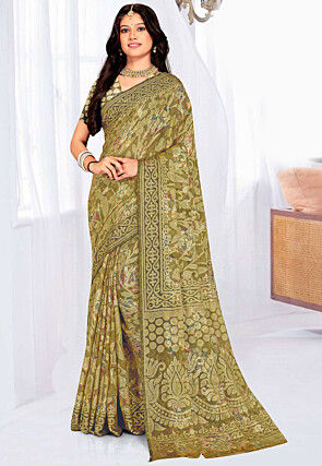 Foil Printed Georgette Brasso Saree in Green