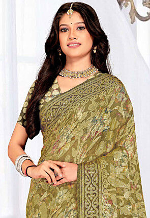 Foil Printed Georgette Brasso Saree in Green