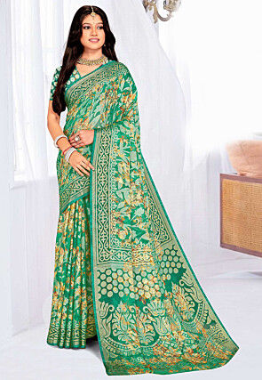 Foil Printed Georgette Brasso Saree in Green