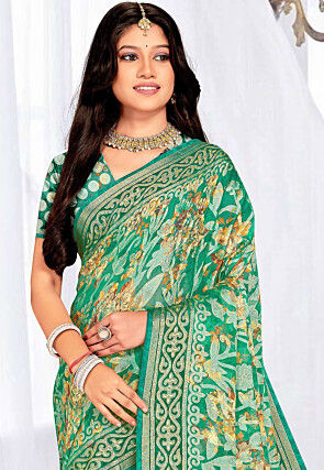 Foil Printed Georgette Brasso Saree in Green