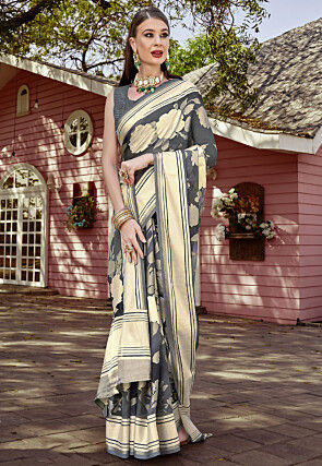 Foil Printed Georgette Brasso Saree in Grey