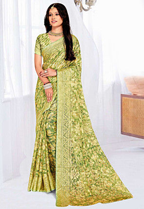 Foil Printed Georgette Brasso Saree in Light Green