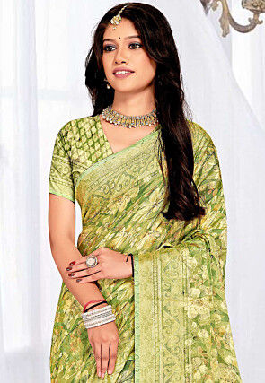 Foil Printed Georgette Brasso Saree in Light Green