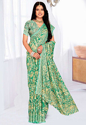 Foil Printed Georgette Brasso Saree in Light Green