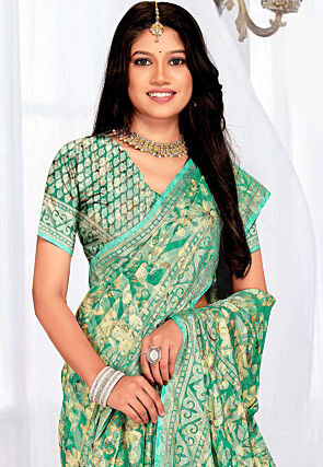 Foil Printed Georgette Brasso Saree in Light Green