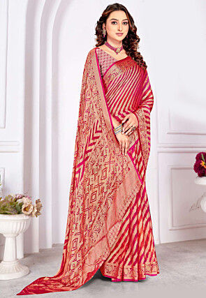 Foil Printed Georgette Brasso Saree in Fuchsia