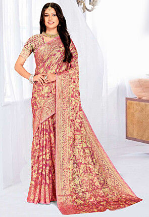 Foil Printed Georgette Brasso Saree in Pink