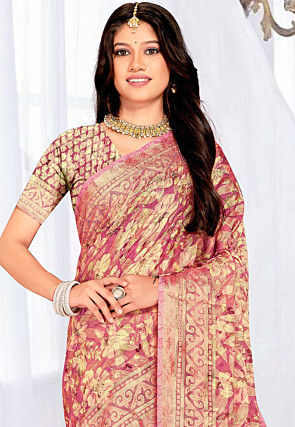 Foil Printed Georgette Brasso Saree in Pink