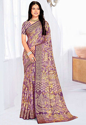 Foil Printed Georgette Brasso Saree in Purple
