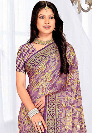 Foil Printed Georgette Brasso Saree in Purple