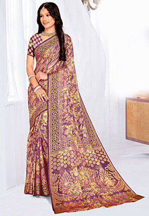 Foil Printed Georgette Brasso Saree in Purple
